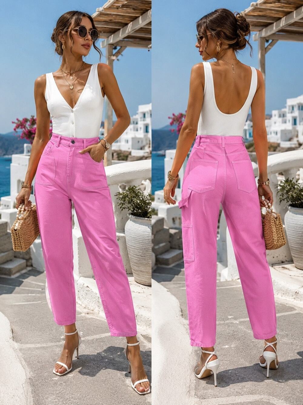 J. Galt Pink High Rise Cargo Jeans Utility Pocket Straight Leg Size S